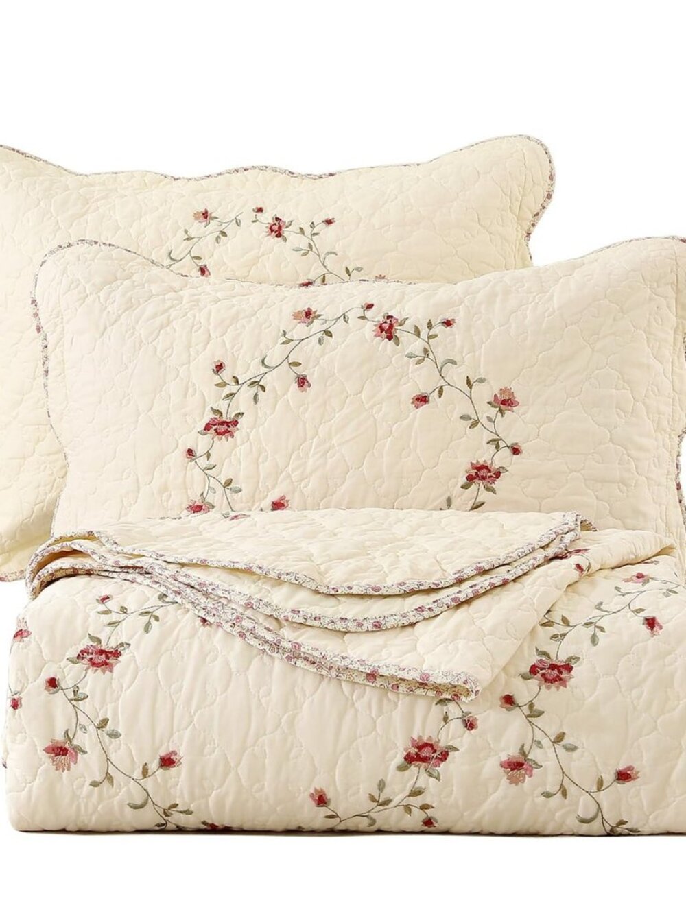 3-Piece Floral Embroidered Bedspread Coverlet Set Oversize Queen 100% Cotton